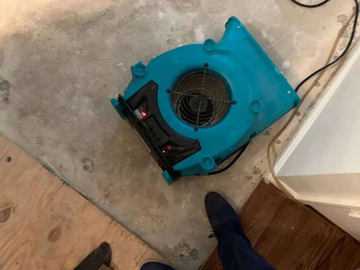 Air mover drying subfloor during Commercial Water Damage Restoration in Hebron